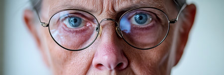 Close Up, Senior Woman with Glasses, Intense Gaze, Wrinkled Skin, and a Curious Expressionの素材