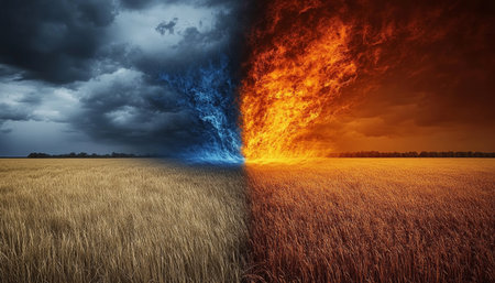 Ozone Vs. Global Warming A Stark Contrast Of Blue Protection And Fiery Climate Change Threatの素材
