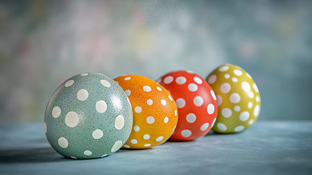 Festive Easter Eggs Colorful Polka Dot Pattern on a Turquoise Background, Space for Textの素材