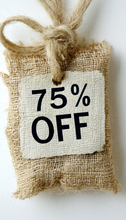 75 Off Discount Tag Attached to Rustic Burlap Sack, on White Background with Soft Shadows.の素材