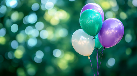 Festive Lavender, Green, and White Balloons Cluster Together Against a Blurred Bokeh Backgroundの素材