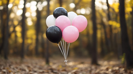 Pink, White, and Black Balloons Floating in a Forest with a Beautiful Bokeh Backgroundの素材
