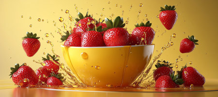 Fresh Strawberries Making a Splash Vibrant Red Berries and Yellow Bowl in a Refreshing Composition.の素材