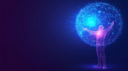 Businessman Embraces Global Network Visualizing Big Data, Business Analysis, and Strategyの素材