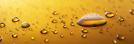 Golden Liquid Surface with Water Drops. Bubbles of Various Sizes on Yellow Background.の素材