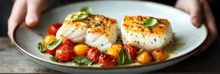 Grilled White Fish Fillets with Roasted Cherry Tomatoes, Fresh Basil and Lemon Butter Sauceの素材