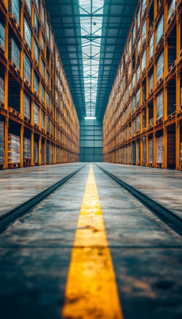 Industrial Warehouse Interior, Storage Aisles, Logistics, Distribution Center, Yellow Guiding Lineの素材