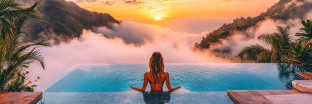 Relaxing Woman In Infinity Pool Over Tropical Rainforest, Mountains And Amazing Sunset Viewの素材