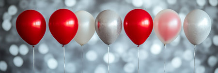 Red And Silver Balloons On A Silver Bokeh Background For Holiday Events, Party Or Celebrationの素材