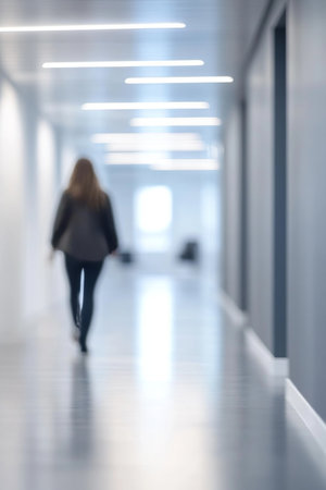 Blurred Office Hallway Modern Perspective Of Working Space With Bright Lighting Effect Backgroundの素材