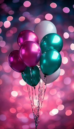 Festive Bunch of Green and Magenta Balloons on Sparkling Bokeh Background, Party Decorationの素材