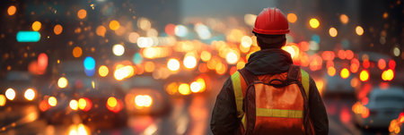Engineer in Hard Hat Amidst City Lights Monitoring Electrical Power and Safety Systemsの素材