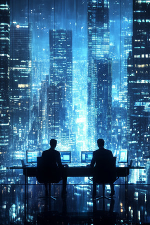 Tech Visionaries Strategizing in a High-Rise Office with a Breathtaking Cyberpunk City Viewの素材