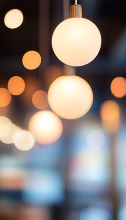 Bohemian Chic Interior Blurred Background with Glowing Globe Lights and Warm, Vibrant Colorsの素材