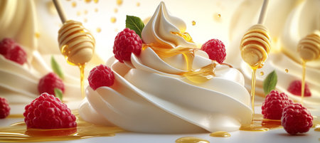 Delicious Yogurt Swirls with Berries, Honey Drizzles, and Wooden Dippers on White, 3D Illustrationの素材