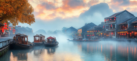 Tranquil Sunrise Over Ancient Water Town With Traditional Houses And Boats, Hoi An, Vietnamの素材