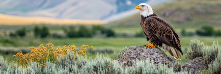 Majestic Bald Eagle Perched on a Rock, Surveying a Scenic Valley Landscape with Wildflowersの素材