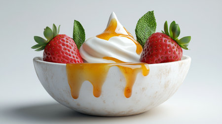 Creamy yogurt dessert with fresh strawberries and honey drizzle, isolated on white background.の素材