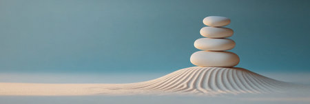 Zen Garden Harmony Serene Still Life Composition with Stacked White Stones on Raked Sandの素材