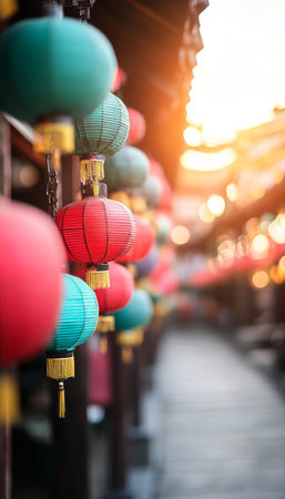 Vibrant Chinese Lanterns Traditional Decoration, Festive Atmosphere, Cultural Backgroundの素材