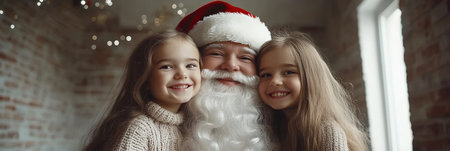 Christmas Magic Santa Claus Posing with Two Joyful Little Girls, Abundant Copy Spaceの素材