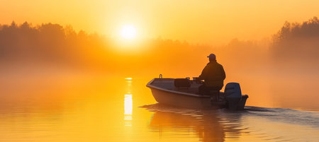 Tranquil Sunrise Man Fishes From Small Boat on Misty Lake, Serene Moment of Solitude anの素材