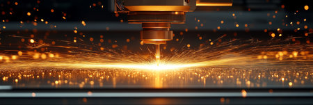 CNC Laser Cutting Machine Engraving Metal Workpiece, Sparks Flying. Industrial Technology.の素材