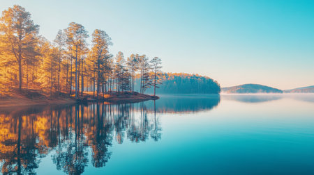 Golden Tranquility Autumn Reflections Reflecting on Still Lake Waters, Misty Mountain Dawn,の素材