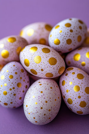 Decorative Lavender And Gold Easter Eggs On A Purple Background With A Polka Dot Patternの素材
