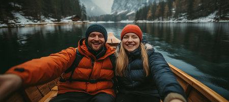 Smiling Couple Takes Selfie On Wooden Boat At Lake, Enjoying Winter Romantic Trip In Mountainsの素材