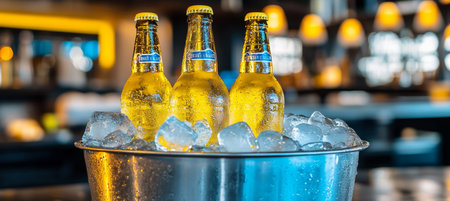 Ice Cold Refreshment Beer Bottles Chilled in Metal Bucket, Bar Lights Blurred in Backgroundの素材