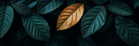 Brown and Green Leaf Contrast, Fall Leaf on Branch with Lush Green Leaves, Nature Detailの素材