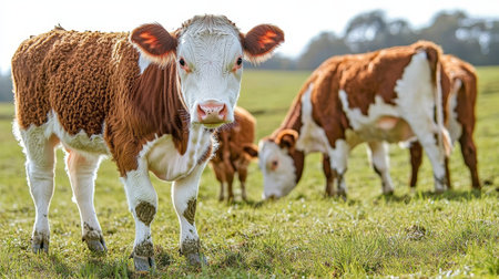 Three Brown and White Cows Grazing on a Sunny Day, Enjoying the Lush Green Pastureland.の素材