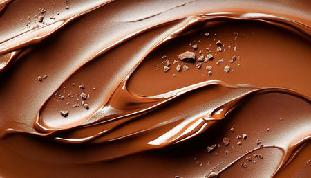 Smooth Chocolate. Abstract Background of Melted Milk Chocolate Waves with Chocolate Chipsの素材