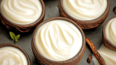 Top View Of Creamy Vanilla Yogurt In Rustic Wooden Bowls, A Delightful Dessert Conceptの素材