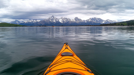 Kayaking Adventure Serene Lake, Majestic Peaks, Cloudy Skies - Wilderness Exploration.の素材
