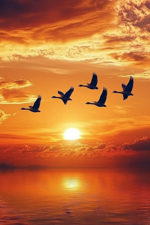 Flock of Geese in Silhouette Soaring Across a Vibrant Sunset Sky over Tranquil Watersの素材