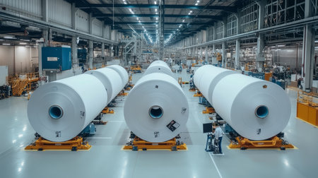 Giant Paper Rolls Await Processing in High-Tech Factory Manufacturing and Industrial Industryの素材