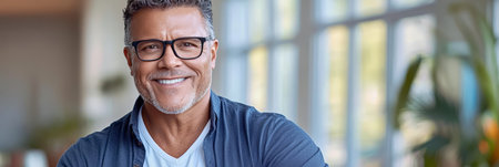 Portrait of a Confident, Mature Latin Businessman Smiling at the Camera in a Blurred Office Settingの素材