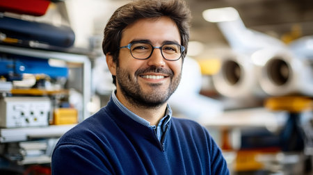 Portrait of a Confident Aerospace Engineer in an Aviation Hangar with Aircraft in the Backgroundの素材