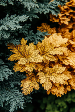 Golden Fall Foliage Contrasting against lush green fern creating an eye catching backdrop..,の素材