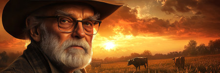 Golden Hour Wisdom weathered old Cowboy surveys a Lifetime in Ranchlands, sunset skyの素材