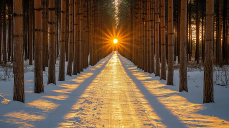 Golden Light Through the Trees, Winter Sunset in Pine Forest with Path Covered Snow at Golden Hourの素材