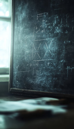 Vintage Chalkboard Filled with Abstract Mathematical Equations, Formulas, and Geometric Diagramsの素材