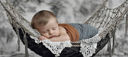 Sleeping Newborn Baby Boy in a Hanging Macrame Bassinet Posing for Photography Sessionの素材