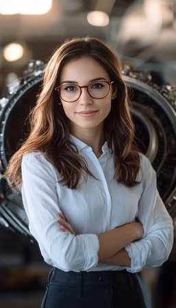 Confident Female Engineer In Aviation Workshop With Turbine Engine, Modern Industry And Careerの素材