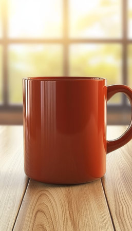 Steaming brown ceramic coffee mug on rustic wooden table with a blurred bright window backgroundの素材
