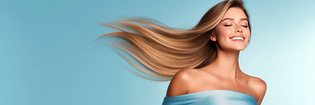 Healthy Long Blond Hair. Beautiful Smiling Woman with Flowing Hair Posing on a Blue Background.の素材