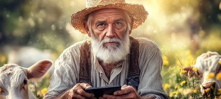 Old Farmer With Tablet and Cows Modern Agriculture, Senior Using Technology in Farming.の素材
