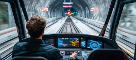 Subway Driver Inside Modern, High-Speed Train Cabin, Urban Transportation, Technology and Innovationの素材